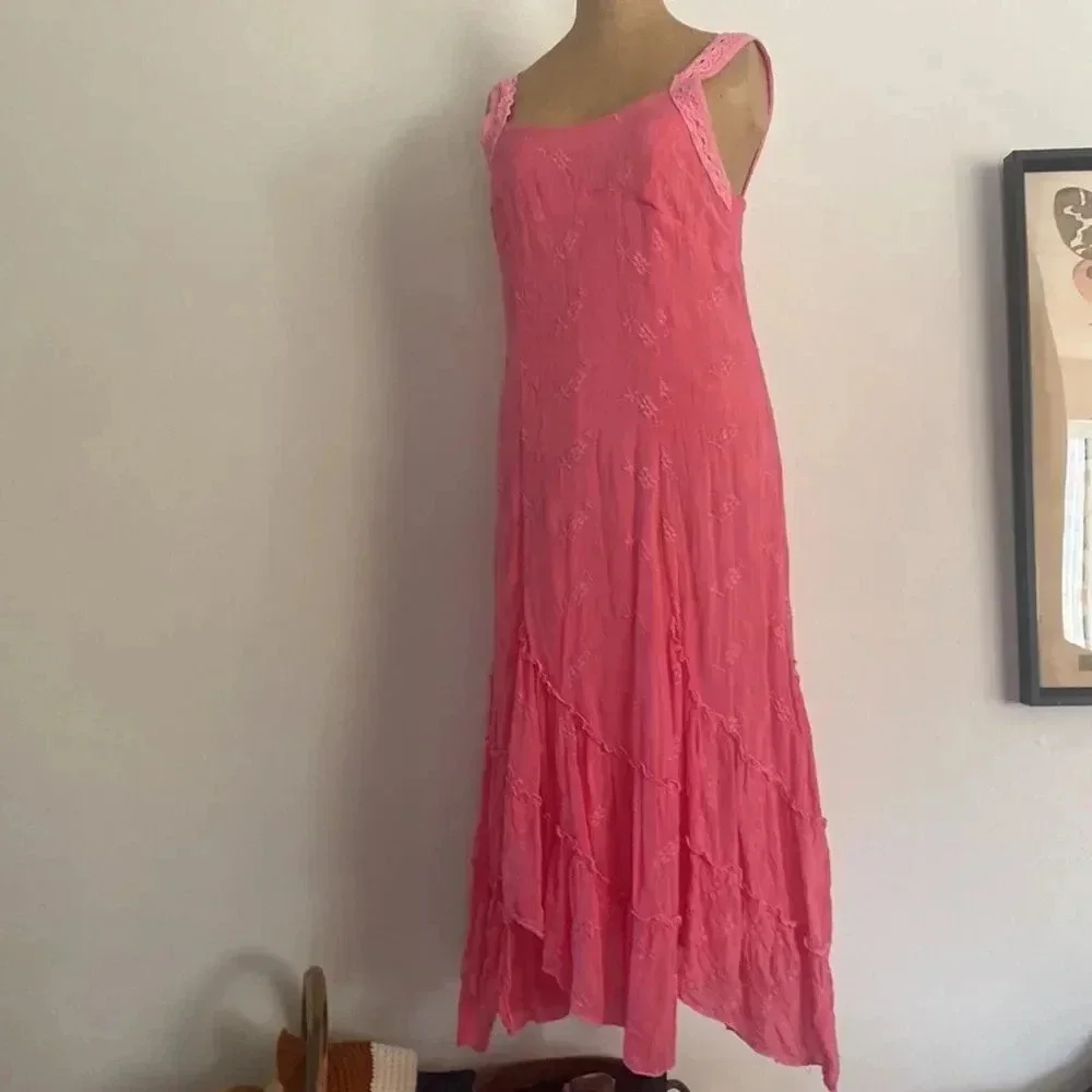 JOHNNY Was sz M ruffled embroidered pink strap dress gorgeous color beachy - Picture 7 of 9